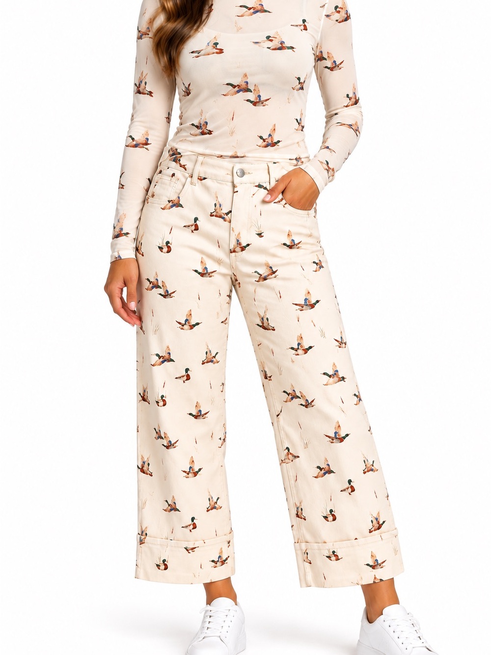 2-Piece Sheer Duck Print Top & Wide-Leg Pants Set Sizes 14/L
